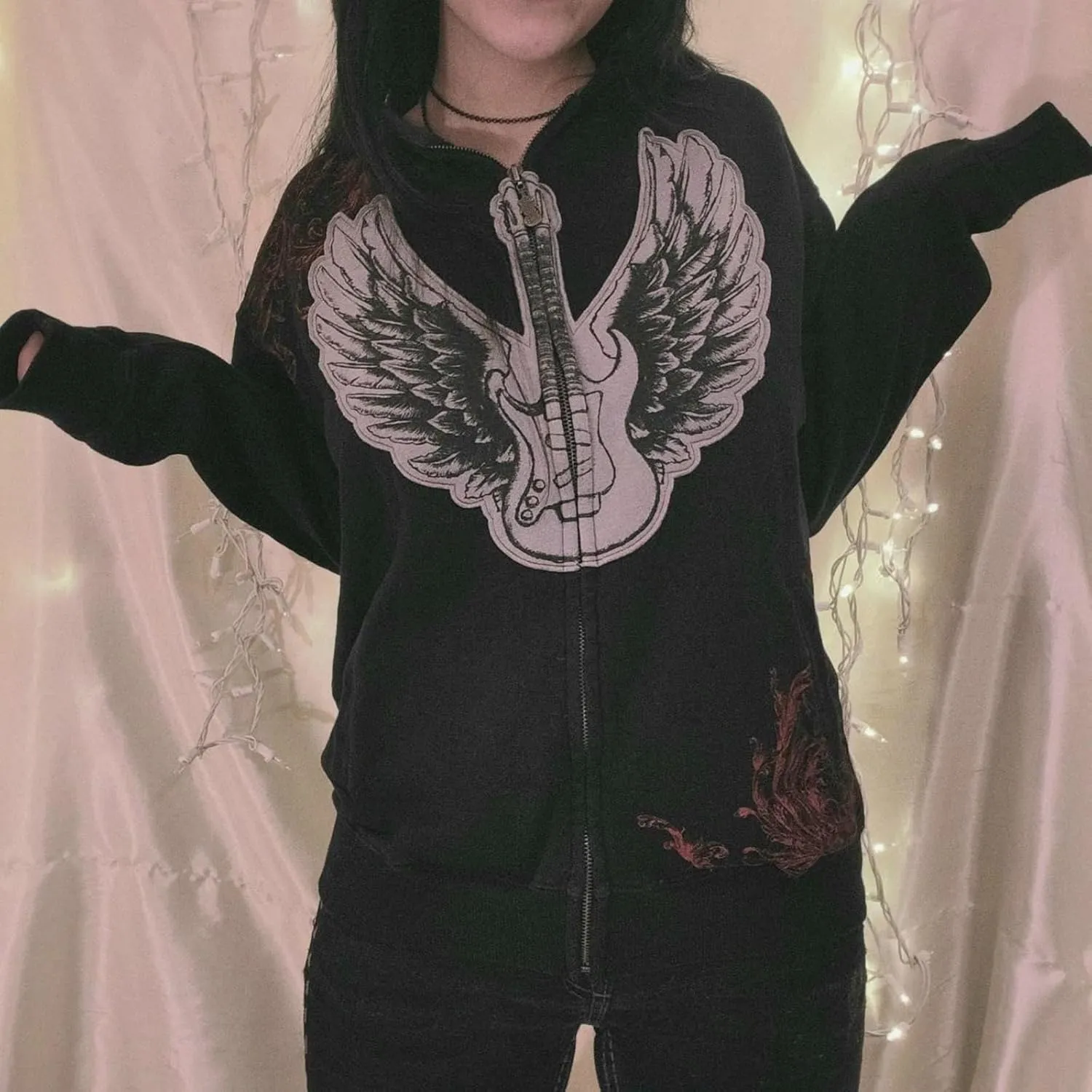 Winioder Women Y2K Zip Up Hoodie Vintage Graphic Oversized Hoodies Grunge Aesthetic Sweatshirt Jacket Skeleton Gothic Hoodie