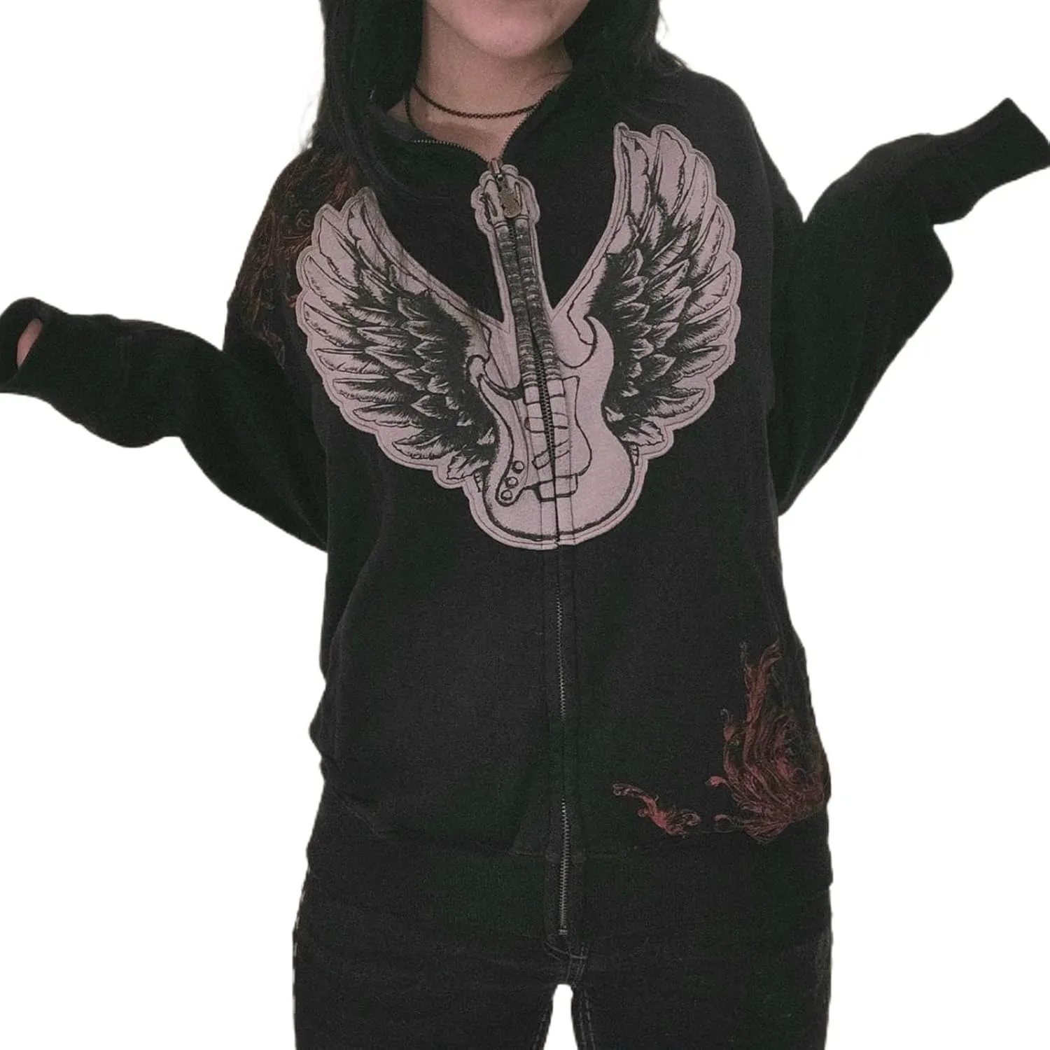 Winioder Women Y2K Zip Up Hoodie Vintage Graphic Oversized Hoodies Grunge Aesthetic Sweatshirt Jacket Skeleton Gothic Hoodie