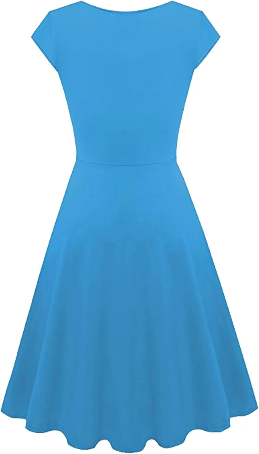 WIWIQS Women Vintage Women's Deep V Neck Casual Cross Wrap Flared Midi Dress