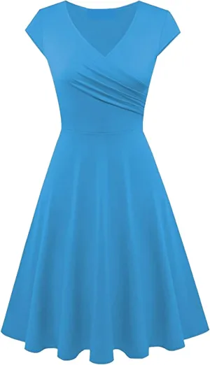 WIWIQS Women Vintage Women's Deep V Neck Casual Cross Wrap Flared Midi Dress
