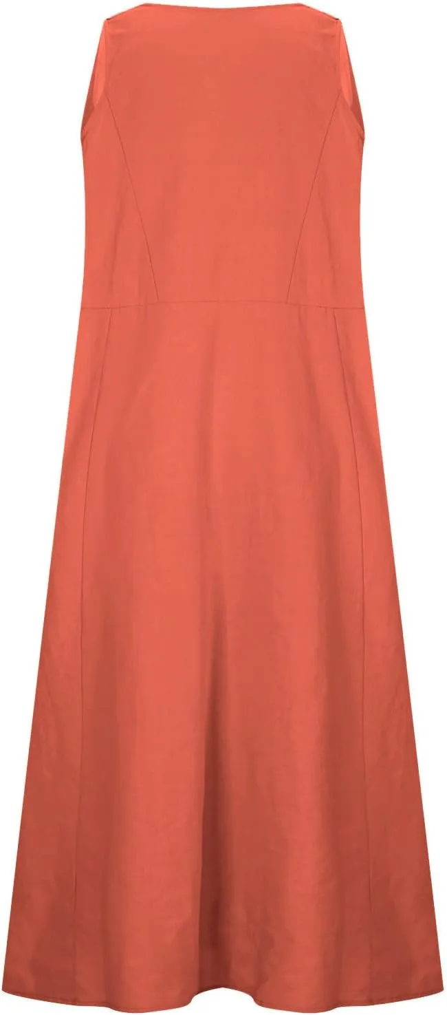 Women 2025 Summer Tank Dress Casual Sleeveless Printed Linen Shirt Dress Flowy Loose Plus Size Maxi Dress with Pocket