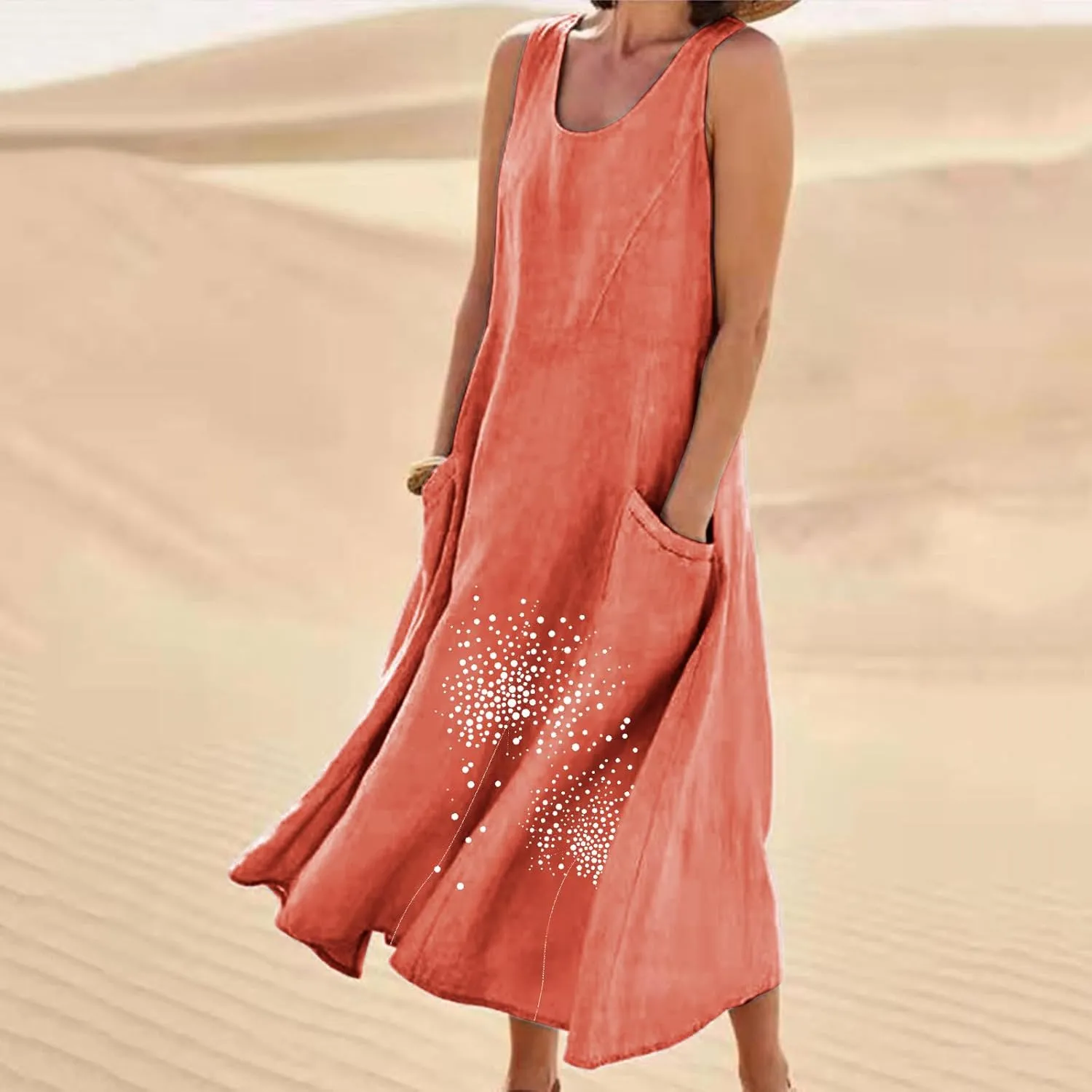 Women 2025 Summer Tank Dress Casual Sleeveless Printed Linen Shirt Dress Flowy Loose Plus Size Maxi Dress with Pocket