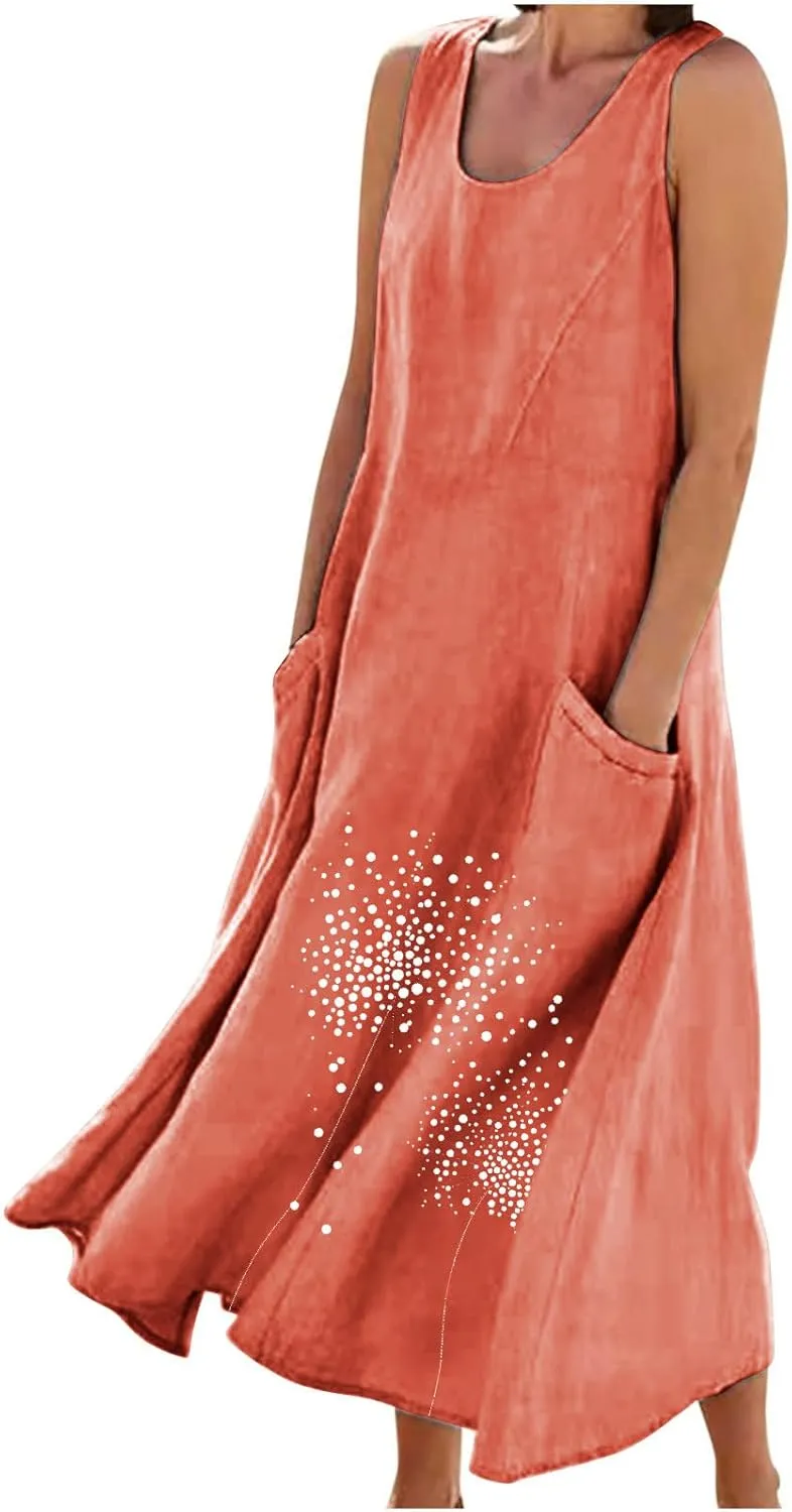 Women 2025 Summer Tank Dress Casual Sleeveless Printed Linen Shirt Dress Flowy Loose Plus Size Maxi Dress with Pocket