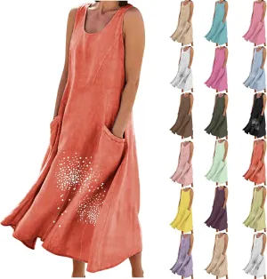 Women 2025 Summer Tank Dress Casual Sleeveless Printed Linen Shirt Dress Flowy Loose Plus Size Maxi Dress with Pocket
