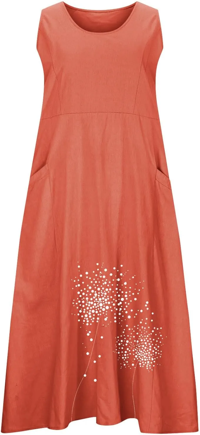 Women 2025 Summer Tank Dress Casual Sleeveless Printed Linen Shirt Dress Flowy Loose Plus Size Maxi Dress with Pocket