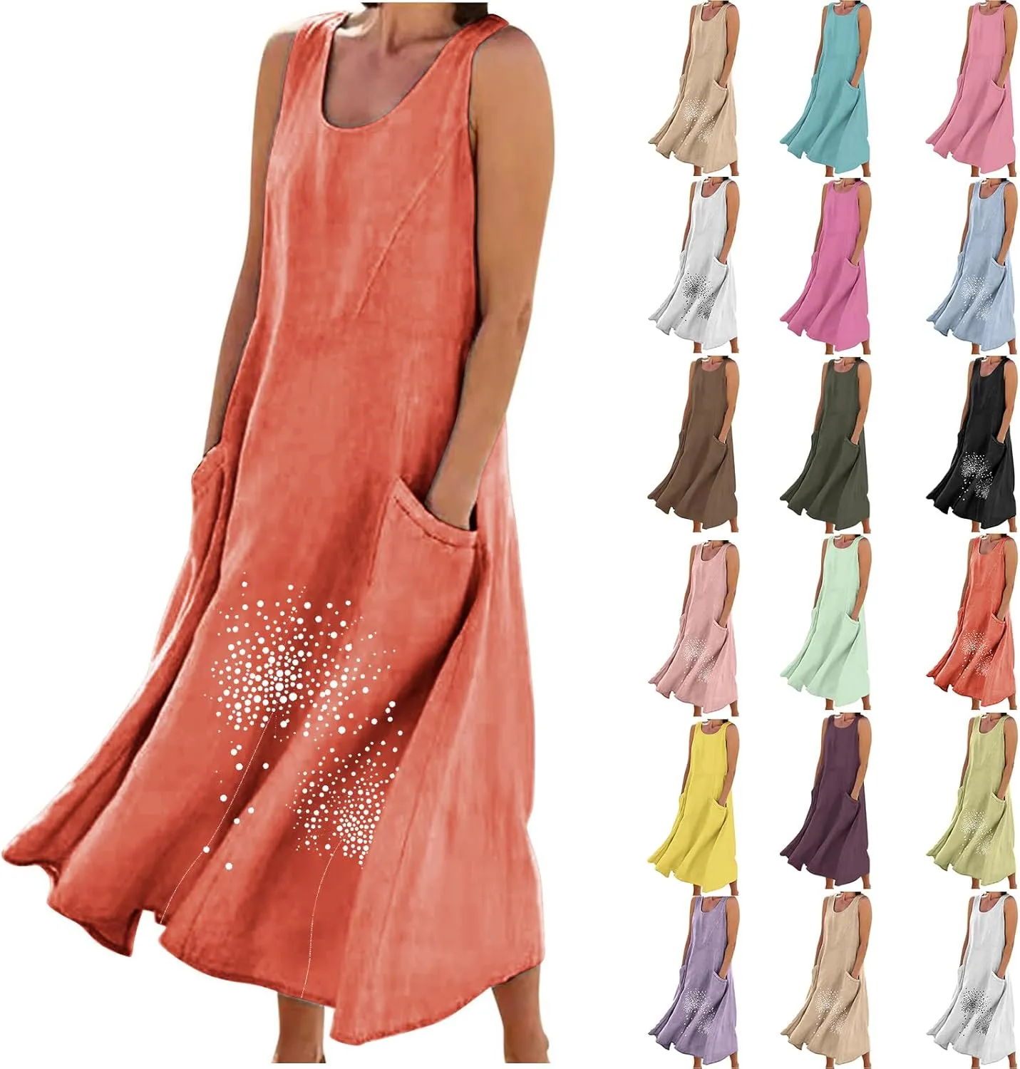 Women 2025 Summer Tank Dress Casual Sleeveless Printed Linen Shirt Dress Flowy Loose Plus Size Maxi Dress with Pocket