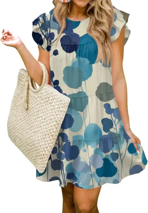 Women Babydoll Summer Casual Crew Neck Ruffle Sleeve Sleeveless Flowy Mini Short Tunic Dress Floral Print Pleated Dress2-Sky Blue,Large