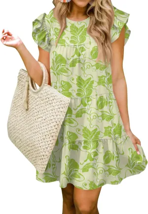 Women Babydoll Summer Casual Crew Neck Ruffle Sleeve Sleeveless Flowy Mini Short Tunic Dress Floral Print Pleated Dress4-Fluorescent Green,Small