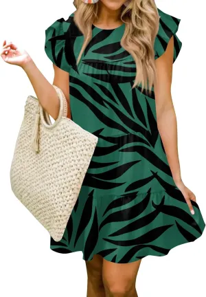 Women Babydoll Summer Casual Crew Neck Ruffle Sleeve Sleeveless Flowy Mini Short Tunic Dress Floral Print Pleated Dress5-Dark Green,X-Large