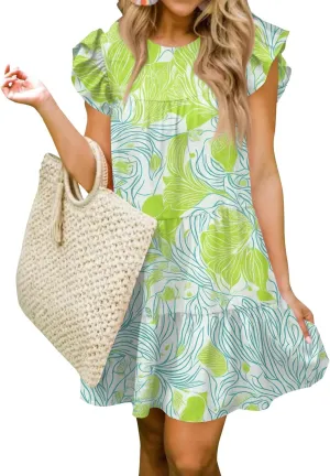 Women Babydoll Summer Casual Crew Neck Ruffle Sleeve Sleeveless Flowy Mini Short Tunic Dress Floral Print Pleated Dress5-Fluorescent Green,Medium