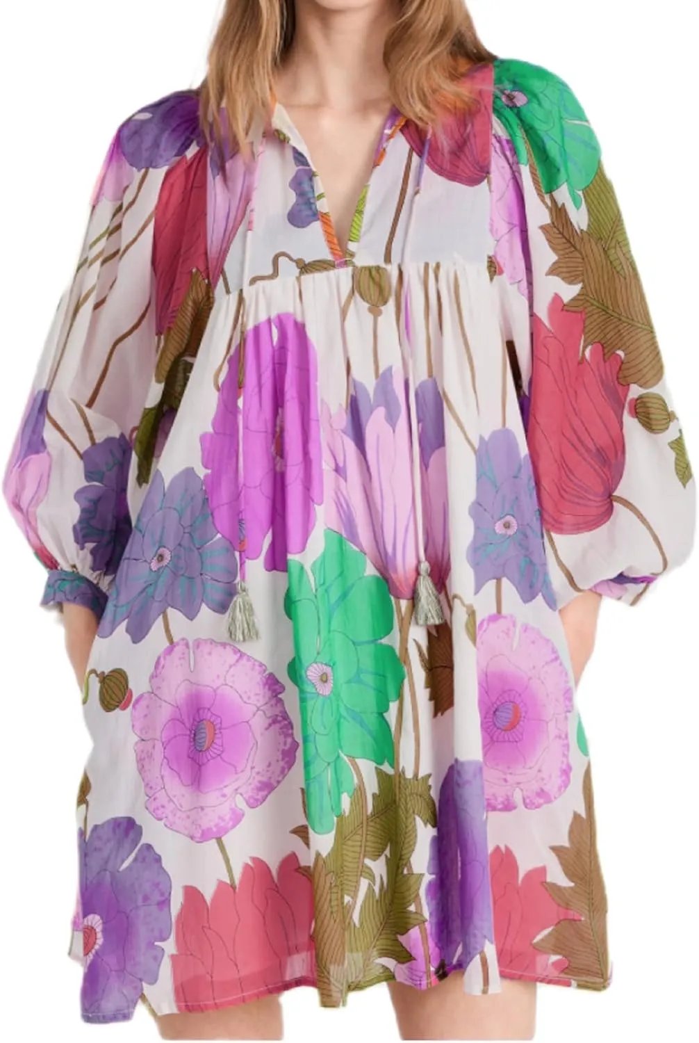 Women Boho Babydoll Short Dress Vintage Floral V Neck Mini Shirt Dress Bohemian Puff Sleeve Flowy Summer Sundress
