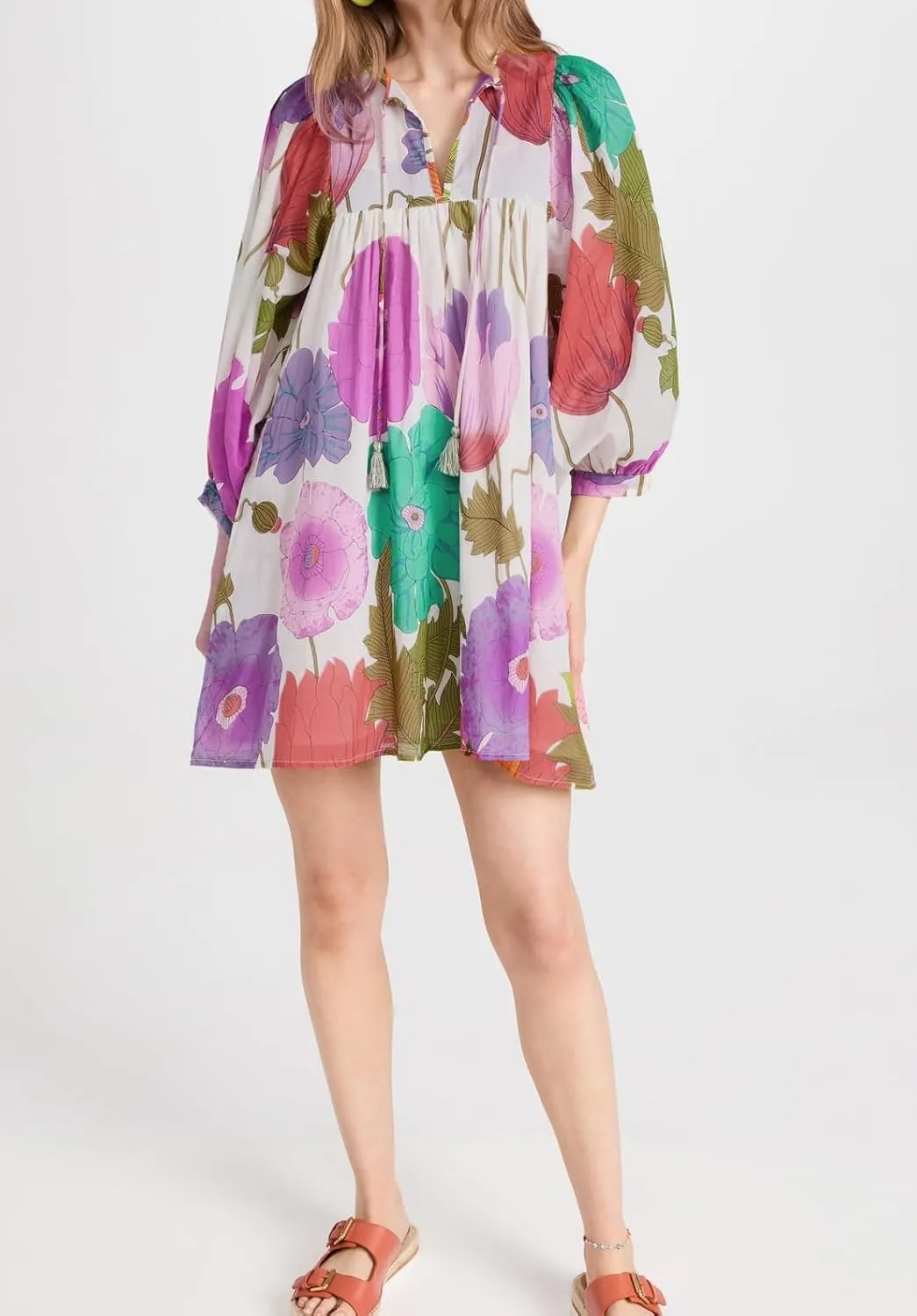 Women Boho Babydoll Short Dress Vintage Floral V Neck Mini Shirt Dress Bohemian Puff Sleeve Flowy Summer Sundress