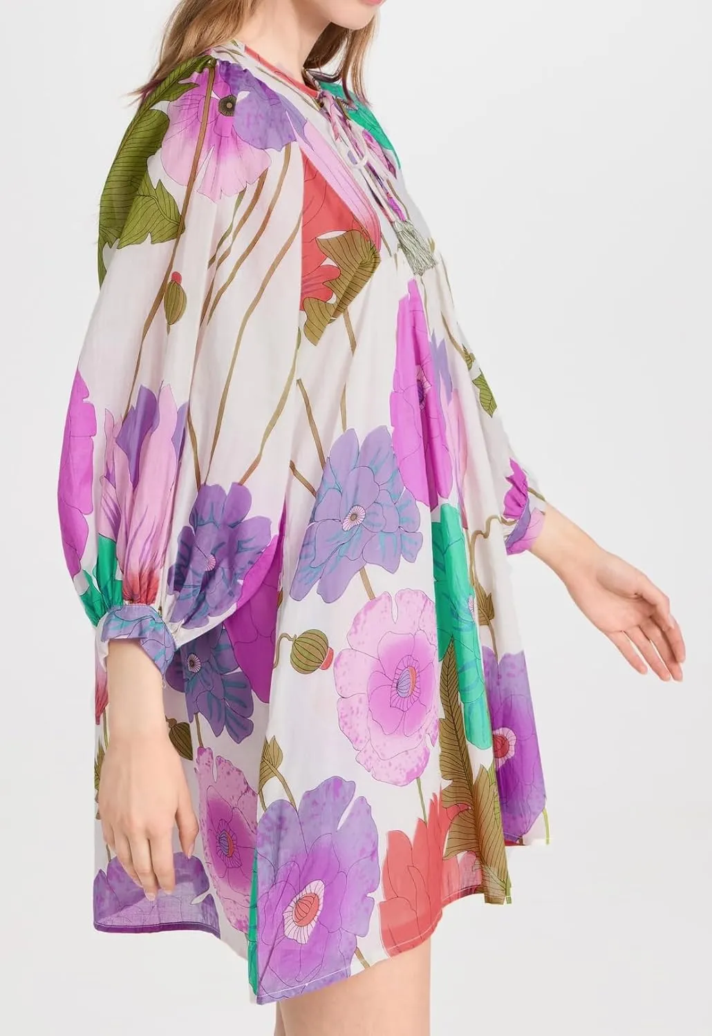 Women Boho Babydoll Short Dress Vintage Floral V Neck Mini Shirt Dress Bohemian Puff Sleeve Flowy Summer Sundress