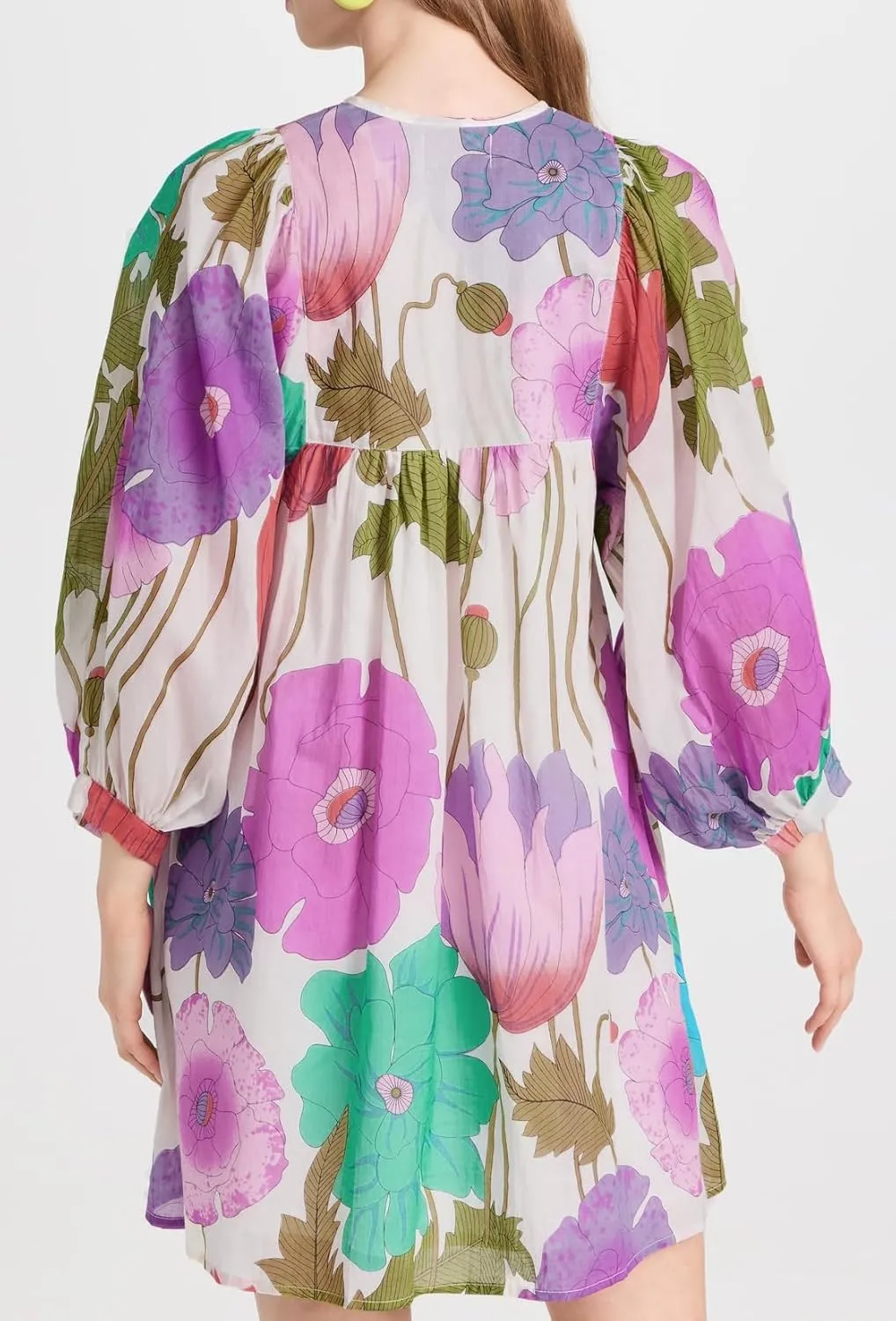 Women Boho Babydoll Short Dress Vintage Floral V Neck Mini Shirt Dress Bohemian Puff Sleeve Flowy Summer Sundress