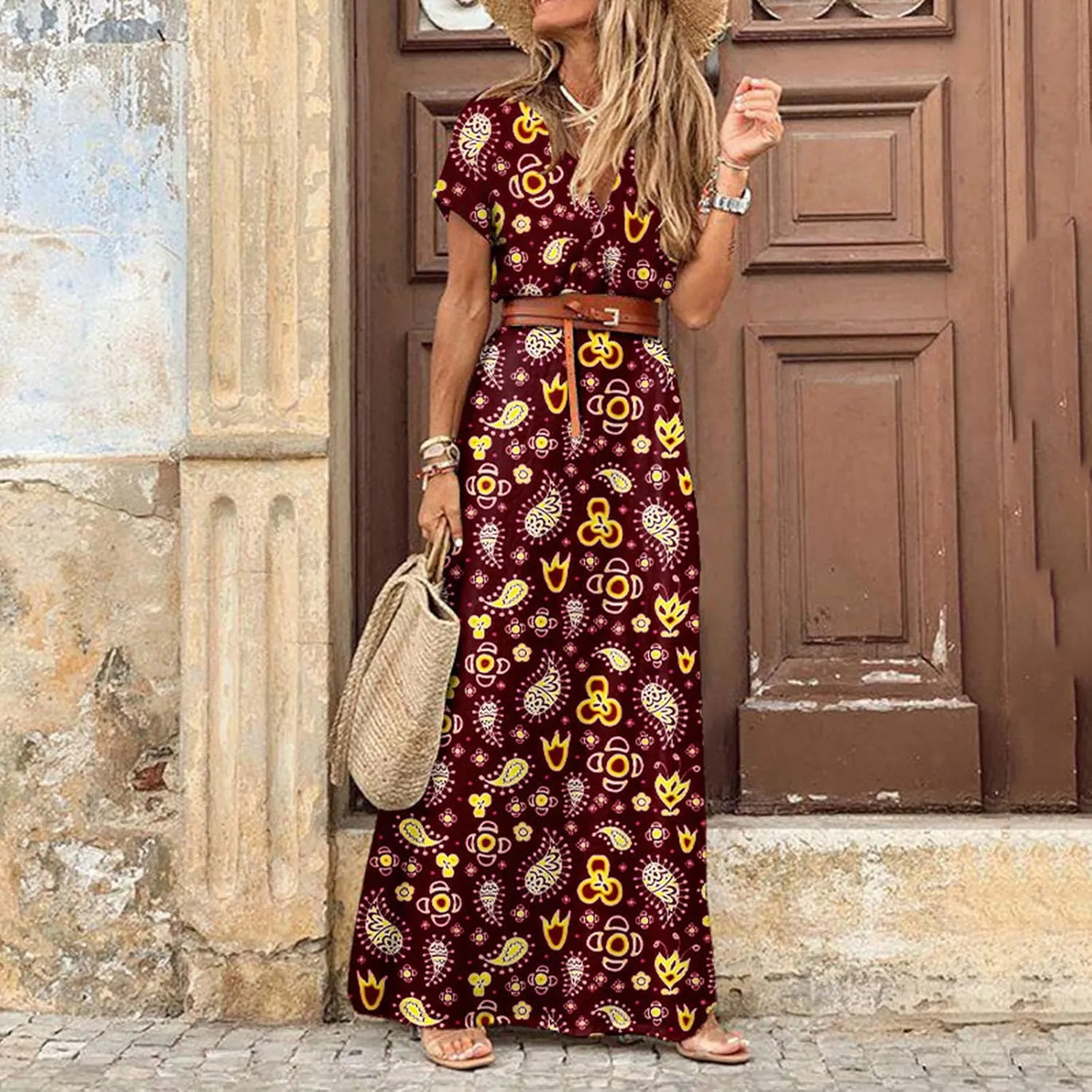 Women Boho Dresses 2024 Summer Short Sleeve Floral Long Dress with Belt Ladies Party Evening Casual Maxi Dress