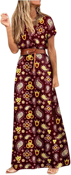 Women Boho Dresses 2024 Summer Short Sleeve Floral Long Dress with Belt Ladies Party Evening Casual Maxi Dress