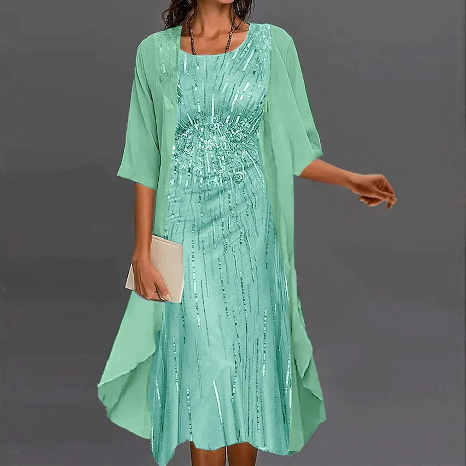Women Boho Floral Print 2 Piece Set Elegant Flowy Irregular Hem Dress Cardigan Wedding Guest Midi Dresses