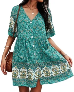 Women Casual Spring Summer Dresses V Neck Long Sleeve Ruffle Floral Flowy Boho Mini Short Beach Dress