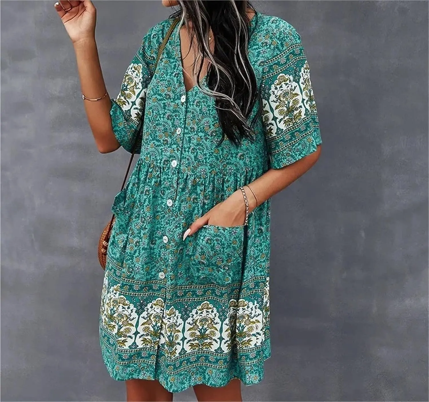 Women Casual Spring Summer Dresses V Neck Long Sleeve Ruffle Floral Flowy Boho Mini Short Beach Dress