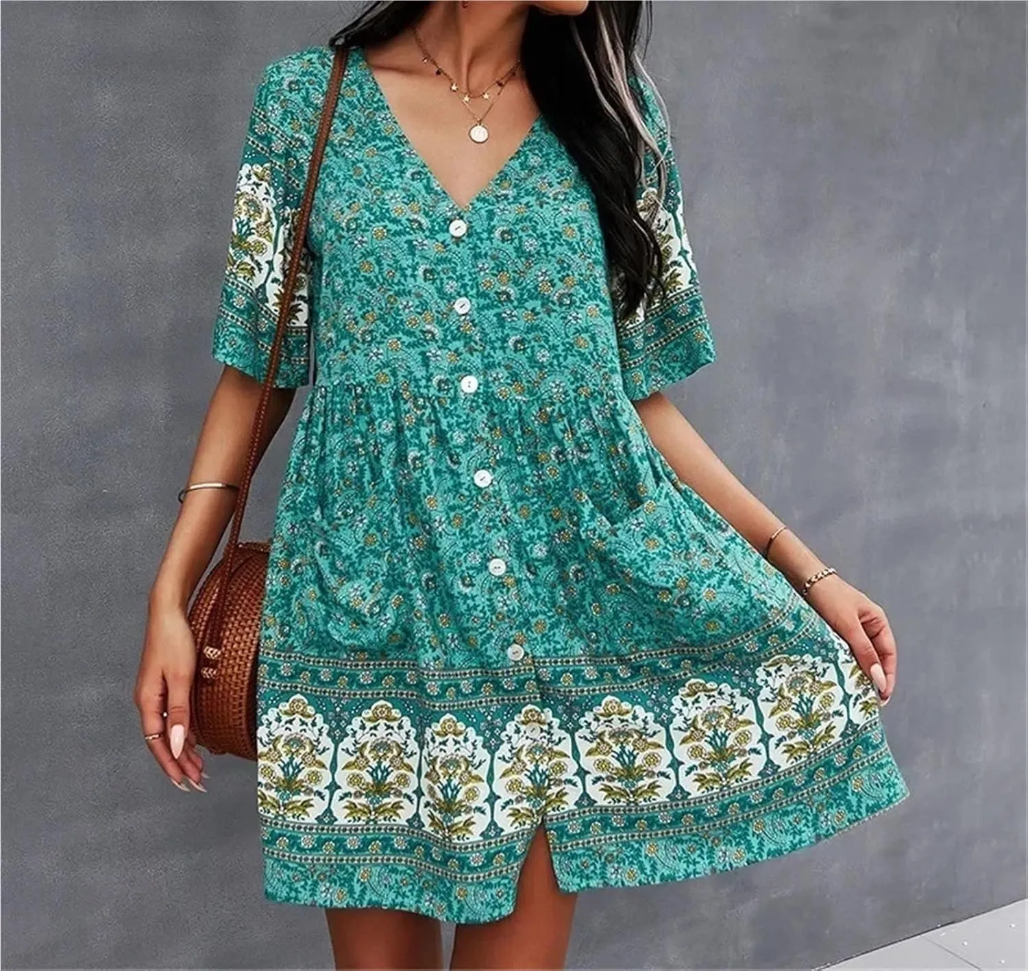 Women Casual Spring Summer Dresses V Neck Long Sleeve Ruffle Floral Flowy Boho Mini Short Beach Dress