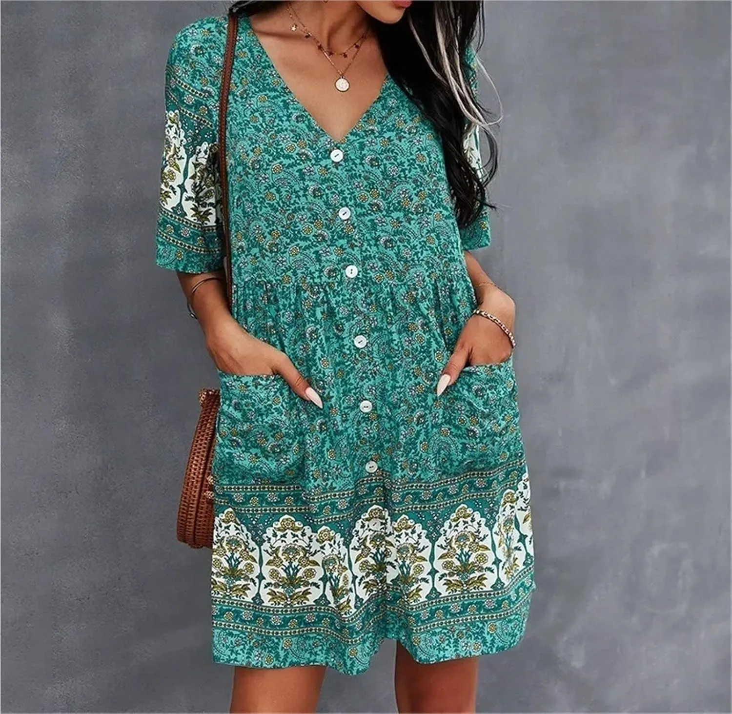 Women Casual Spring Summer Dresses V Neck Long Sleeve Ruffle Floral Flowy Boho Mini Short Beach Dress
