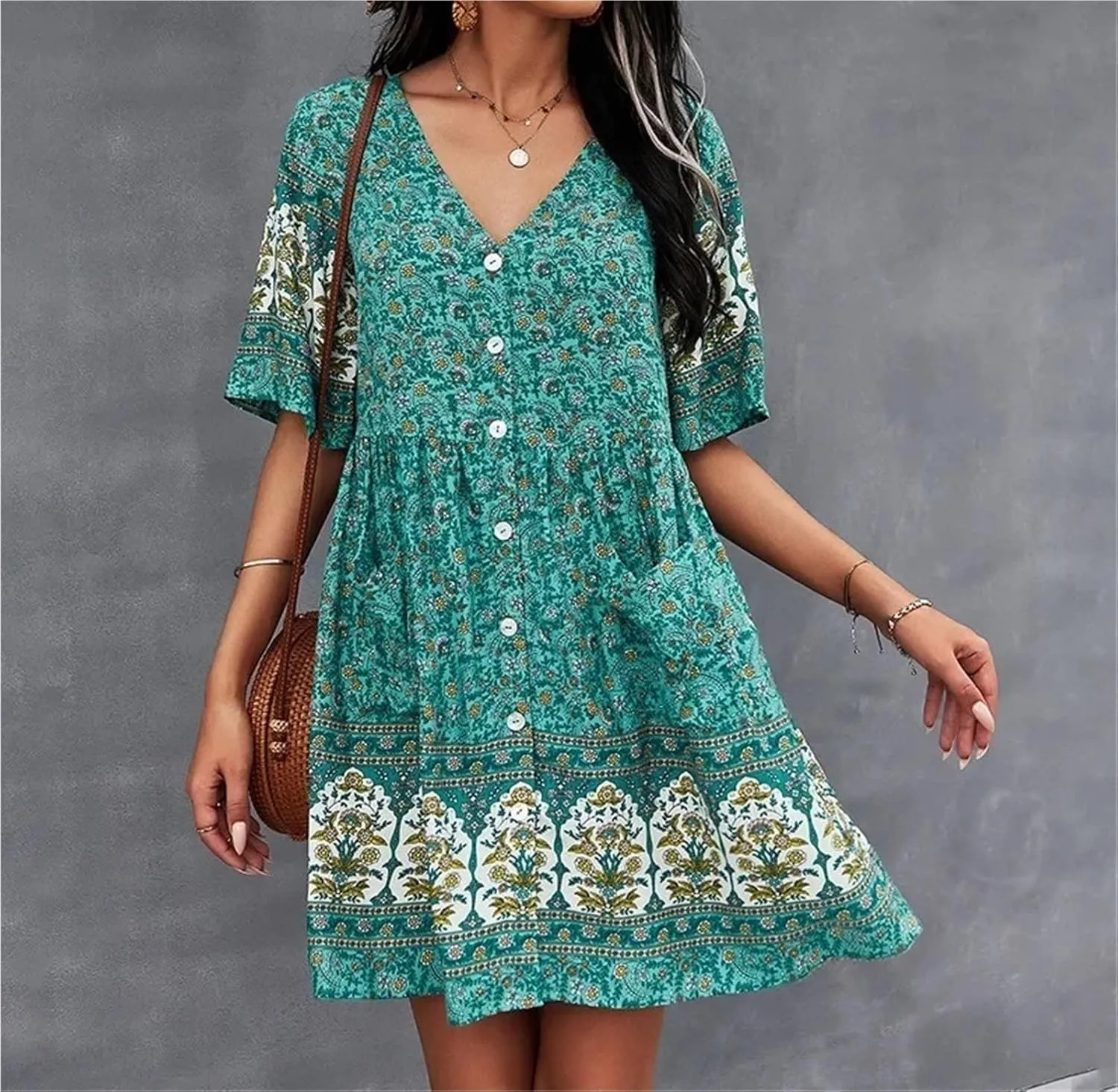 Women Casual Spring Summer Dresses V Neck Long Sleeve Ruffle Floral Flowy Boho Mini Short Beach Dress