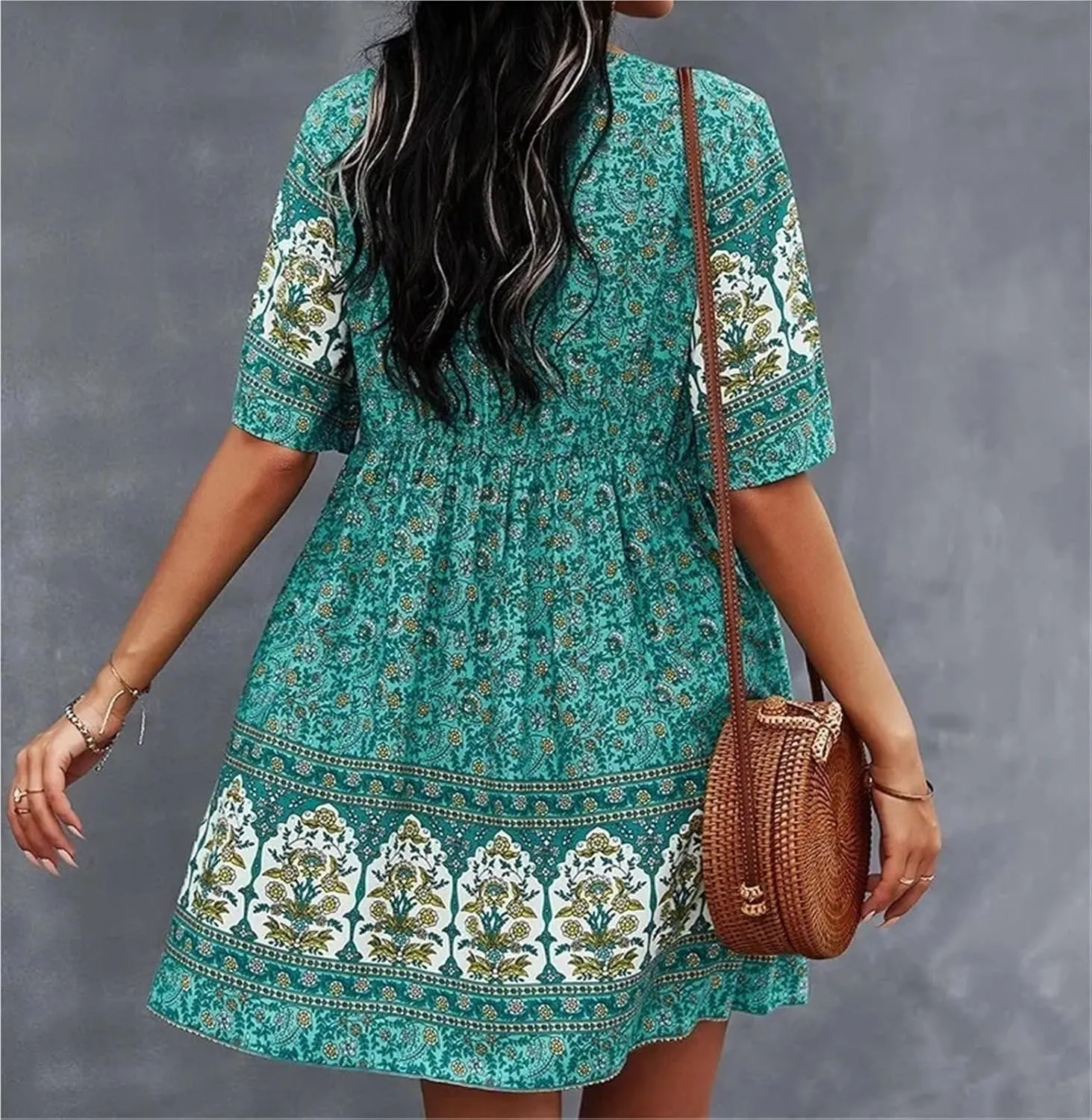 Women Casual Spring Summer Dresses V Neck Long Sleeve Ruffle Floral Flowy Boho Mini Short Beach Dress