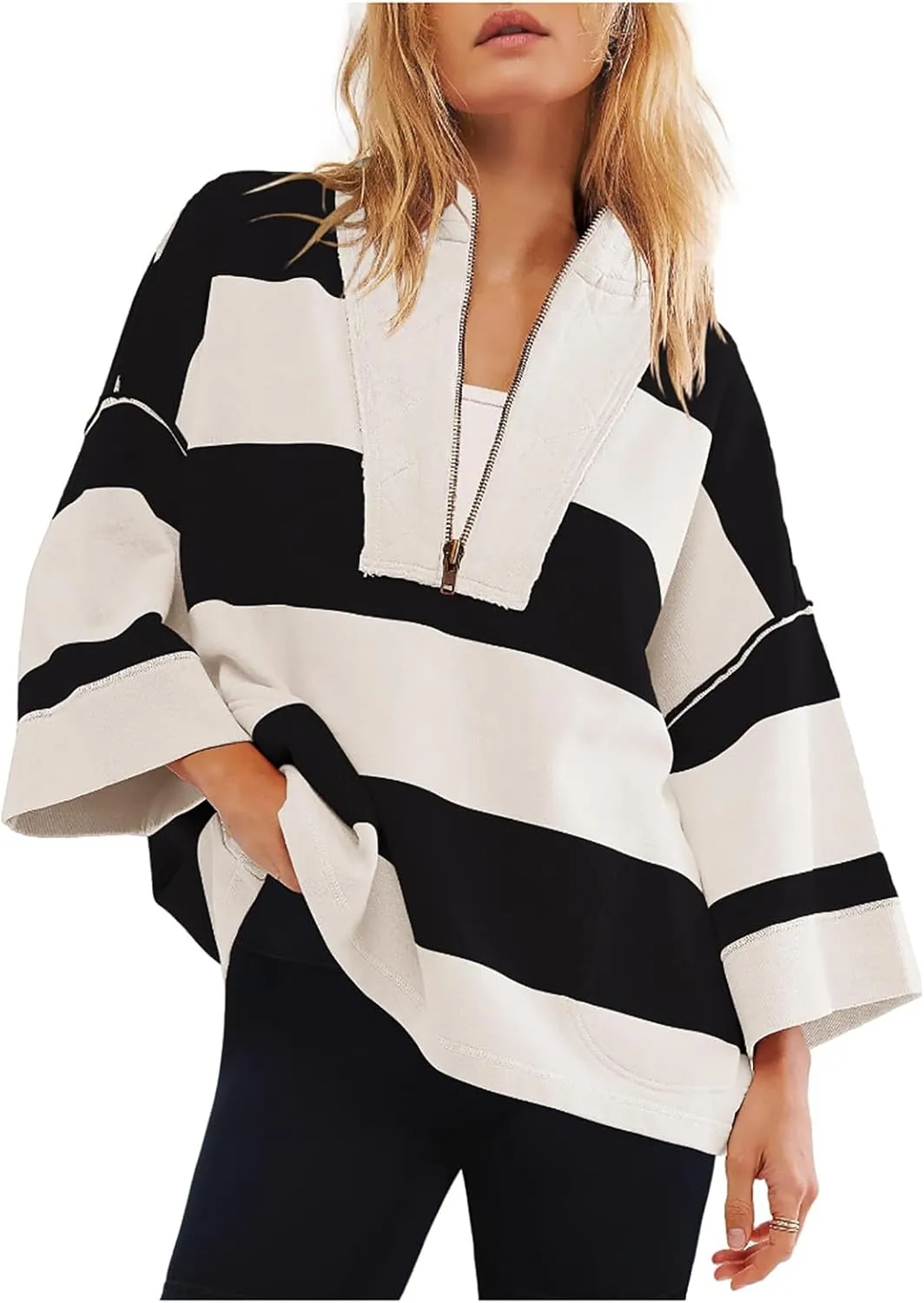 Women Color Block Oversized Sweatshirts Loose Fit Trendy Pullover Tops V Neck Cute Preppy Sweatshirts Y2K Fall Clothes