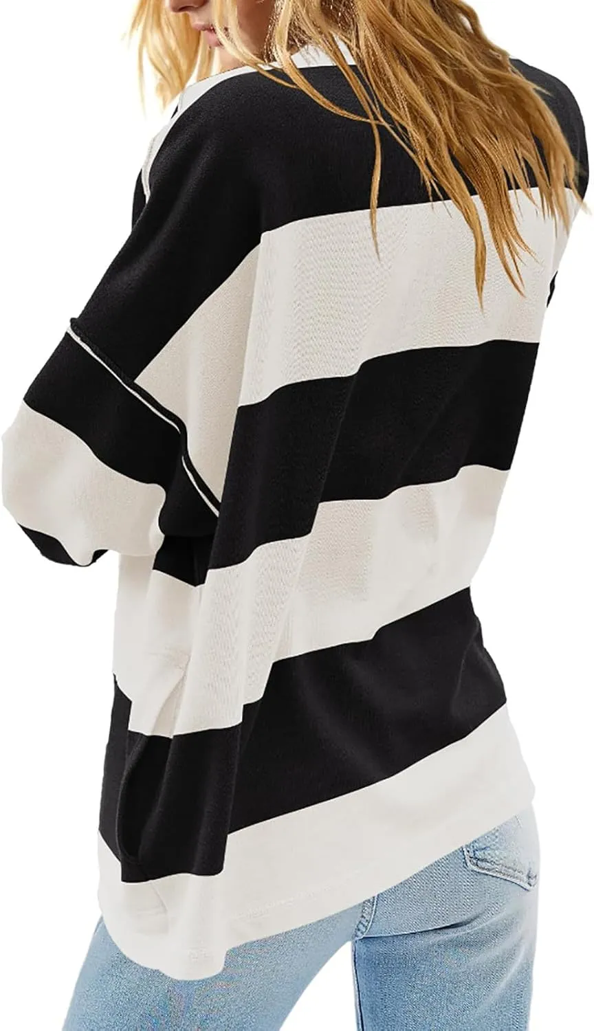 Women Color Block Oversized Sweatshirts Loose Fit Trendy Pullover Tops V Neck Cute Preppy Sweatshirts Y2K Fall Clothes