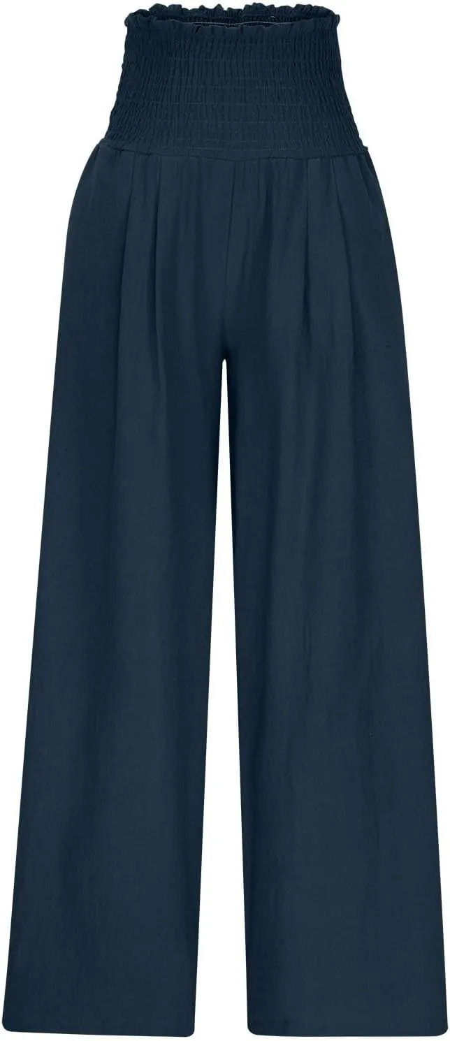 Women Cotton Gaucho Pants Loose Stretchy High Waist Trousers Summer Lightweight Baggy Slacks Solid Home Lounge Outfit