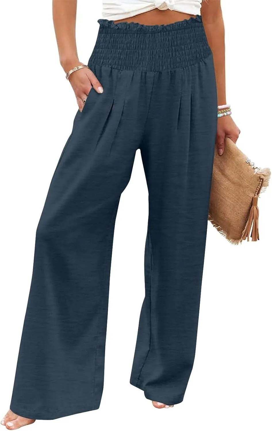 Women Cotton Gaucho Pants Loose Stretchy High Waist Trousers Summer Lightweight Baggy Slacks Solid Home Lounge Outfit