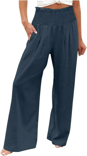 Women Cotton Gaucho Pants Loose Stretchy High Waist Trousers Summer Lightweight Baggy Slacks Solid Home Lounge Outfit