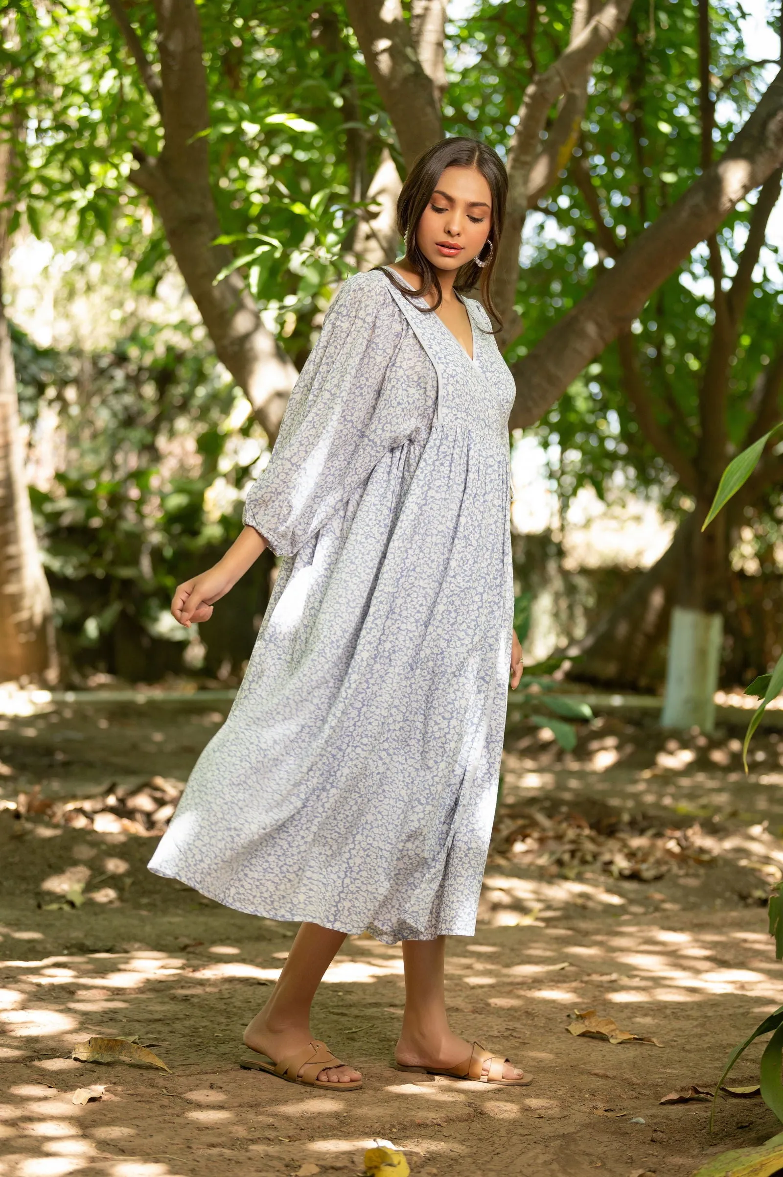 Women Cotton Printed Vneck Loose Fit Wrap Dress Lilac