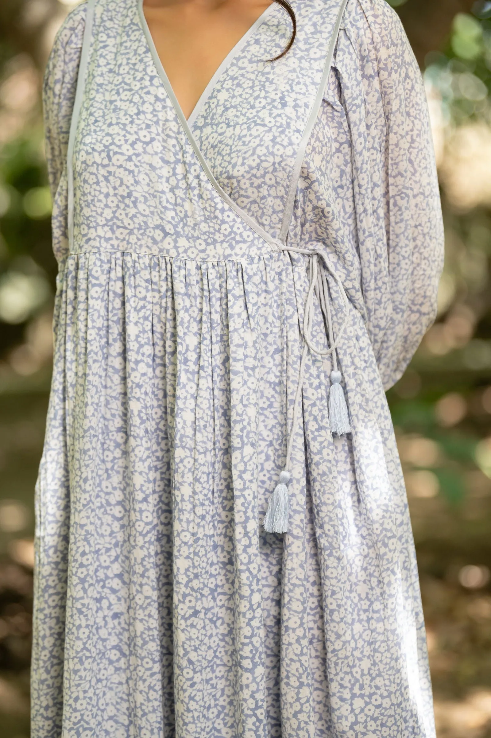 Women Cotton Printed Vneck Loose Fit Wrap Dress Lilac