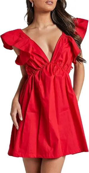 Women Deep Vneck Babydoll Dress Ruffle Sleeve Flowy Mini Dress Aline Boho Vacation Beach Y2k Cute Sun Dress