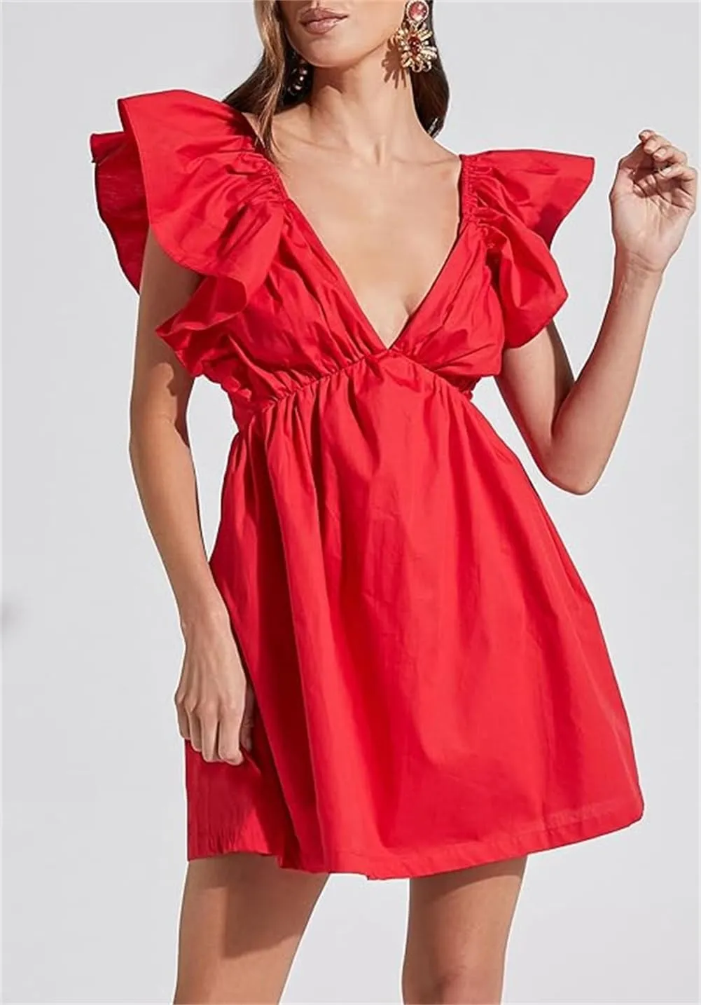 Women Deep Vneck Babydoll Dress Ruffle Sleeve Flowy Mini Dress Aline Boho Vacation Beach Y2k Cute Sun Dress