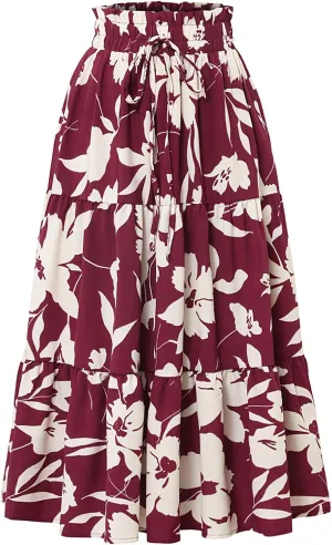 Women Floral Midi Skirt Aline Pleated Long Skirt Summer Boho Skirt