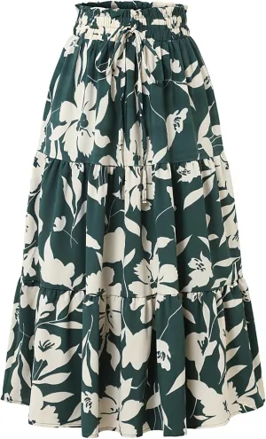 Women Floral Midi Skirt Aline Pleated Long Skirt Summer Boho Skirt