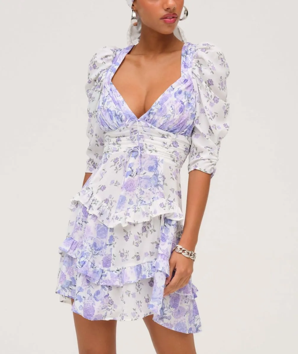 Women Floral Patchwork Mini Dress Ruched V Neck Puff Sleeve Dress Lace Frill Tiered Ruffle Mini Short Dresses
