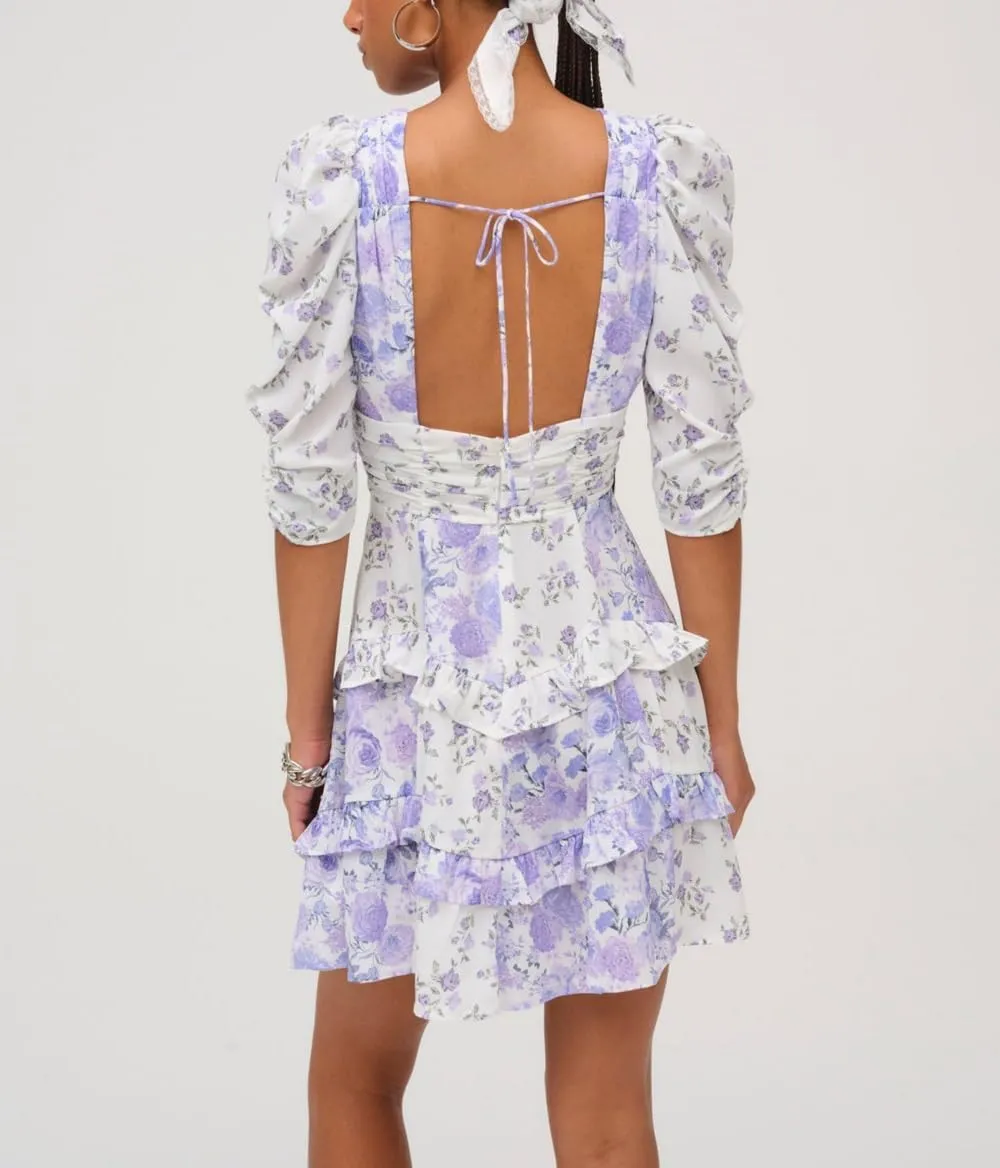 Women Floral Patchwork Mini Dress Ruched V Neck Puff Sleeve Dress Lace Frill Tiered Ruffle Mini Short Dresses
