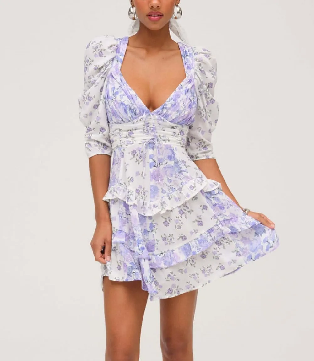 Women Floral Patchwork Mini Dress Ruched V Neck Puff Sleeve Dress Lace Frill Tiered Ruffle Mini Short Dresses