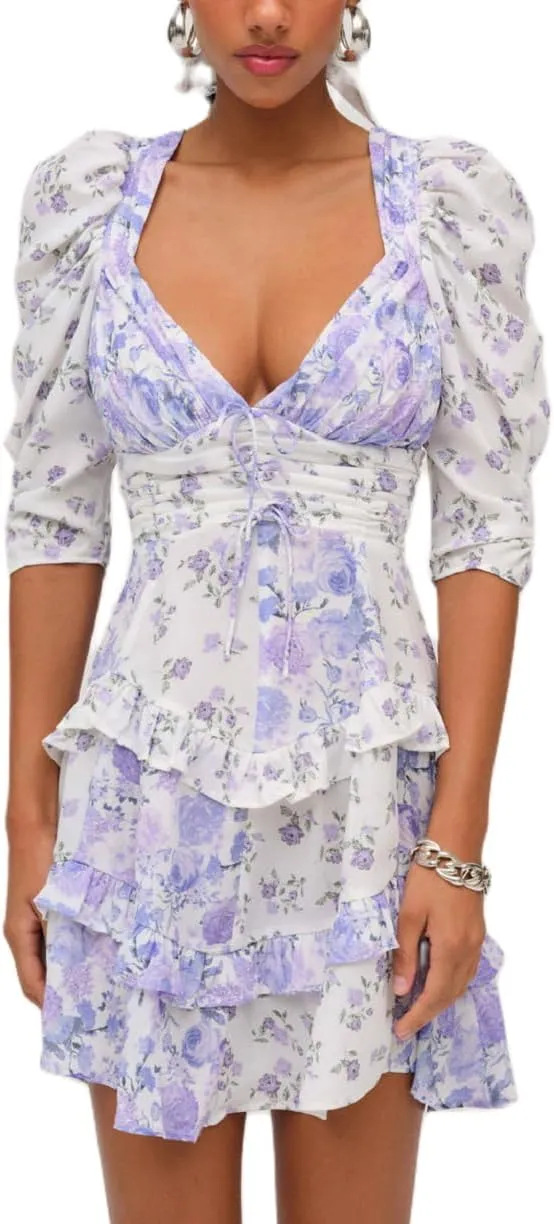 Women Floral Patchwork Mini Dress Ruched V Neck Puff Sleeve Dress Lace Frill Tiered Ruffle Mini Short Dresses