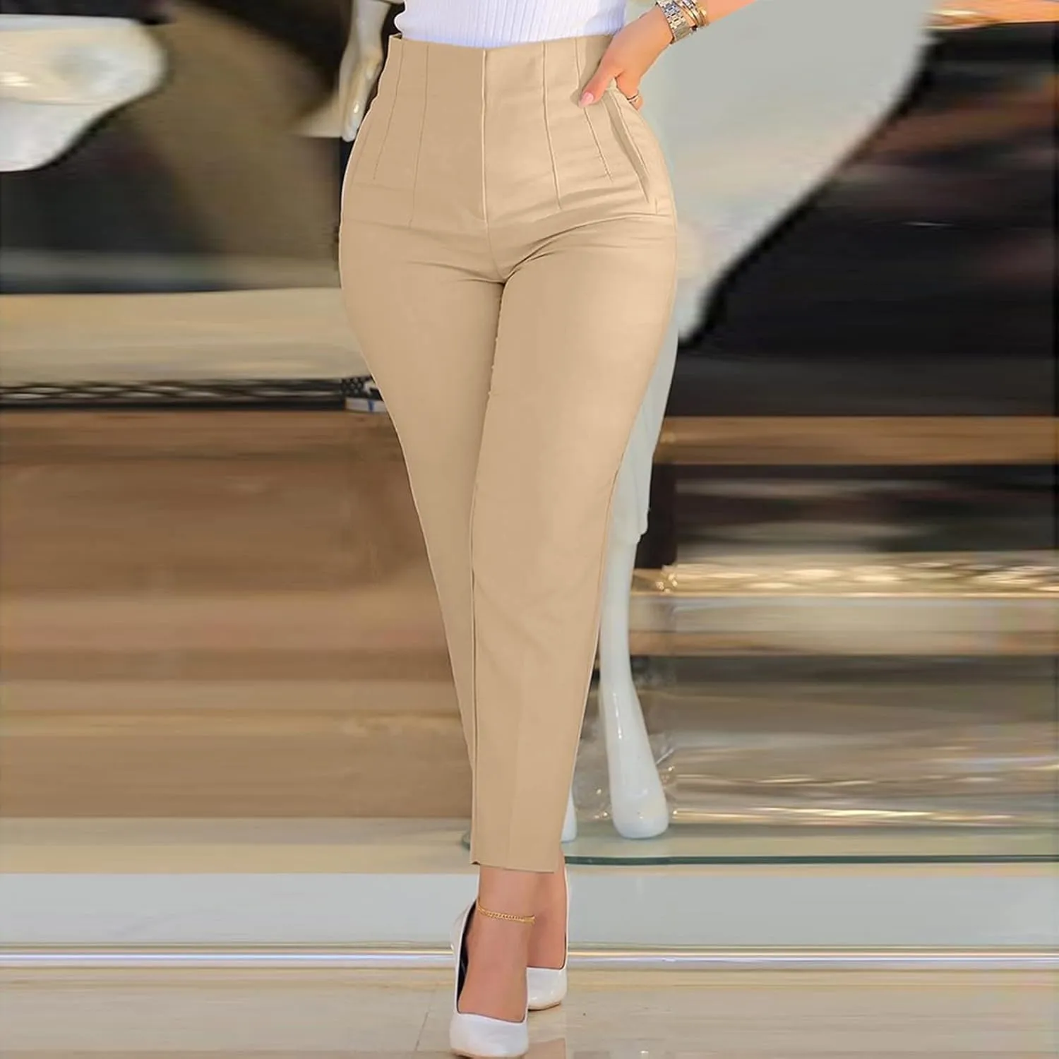 Women High Waist Casual Dress Pants Business Office Slim Skinny Trousers Solid Comfy Work Pant with Pocket #220