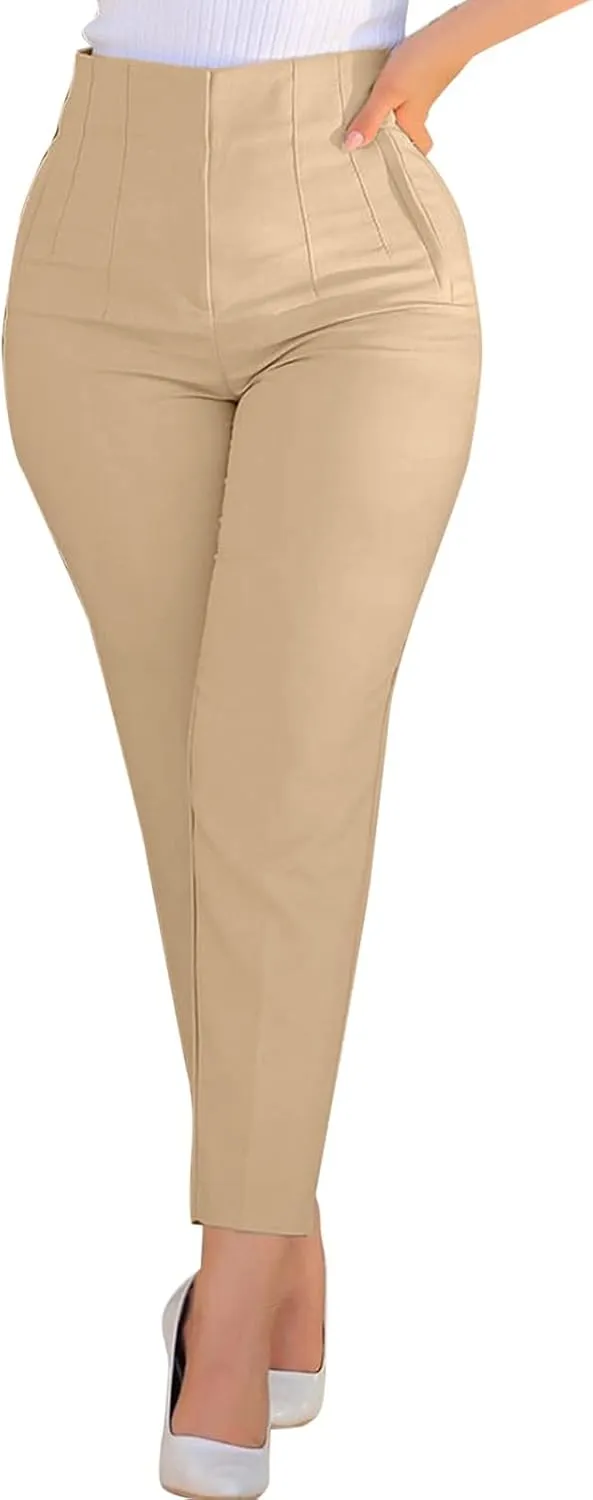 Women High Waist Casual Dress Pants Business Office Slim Skinny Trousers Solid Comfy Work Pant with Pocket #220