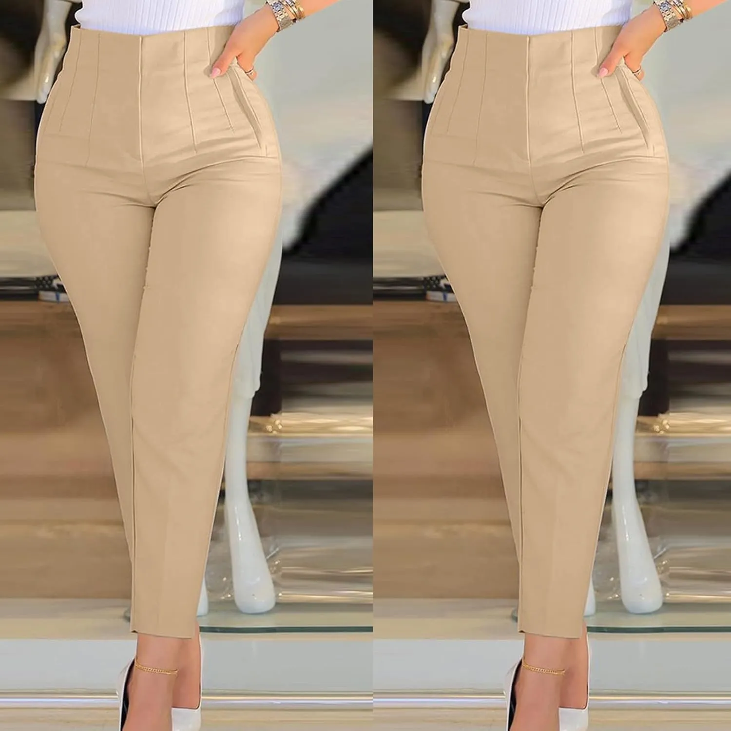 Women High Waist Casual Dress Pants Business Office Slim Skinny Trousers Solid Comfy Work Pant with Pocket #220