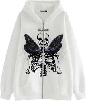 Women Men Oversized Zip Up Hoodie Sweatshirt Rhinestone Skeleton Sweatshirt Loose Fit Aesthetic Hoodies