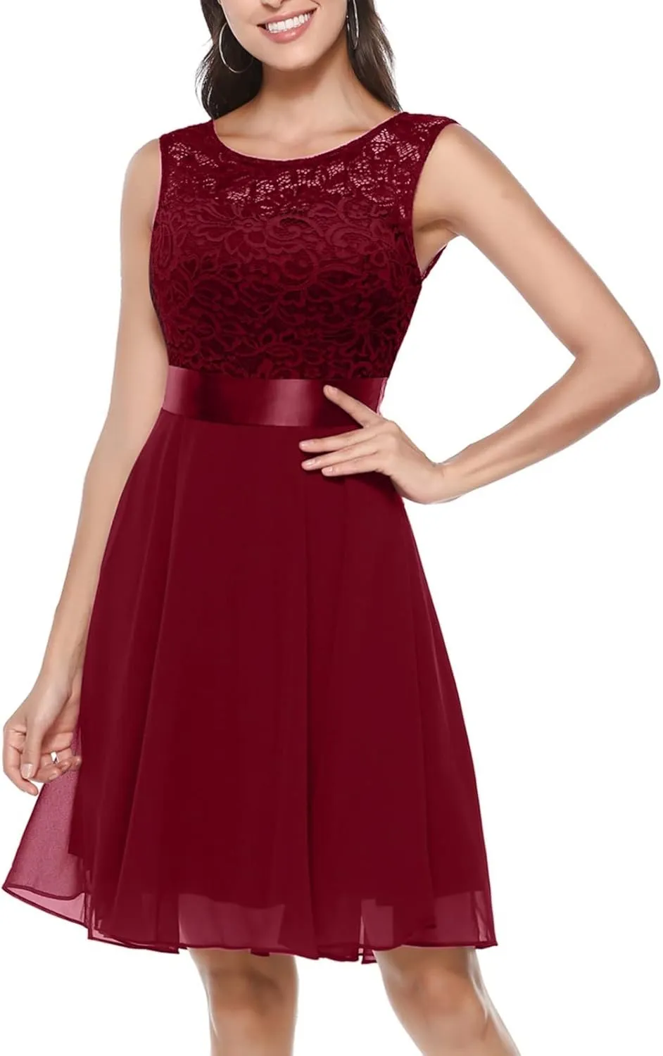 Women Mesh Floral Embroidery Cocktail Dress Sleevelesss Crewneck Flared a Line Midi Dress Wedding Prom Evening Dress