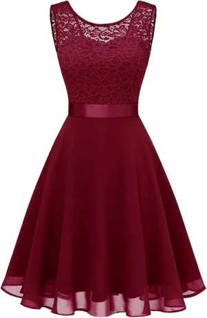 Women Mesh Floral Embroidery Cocktail Dress Sleevelesss Crewneck Flared a Line Midi Dress Wedding Prom Evening Dress