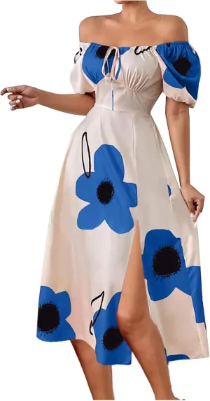 Women Off Shoulder A-Line Dresses Summer Cute Flower Print Puff Short Sleeve High Waist Dress Split Hem Midi Dress