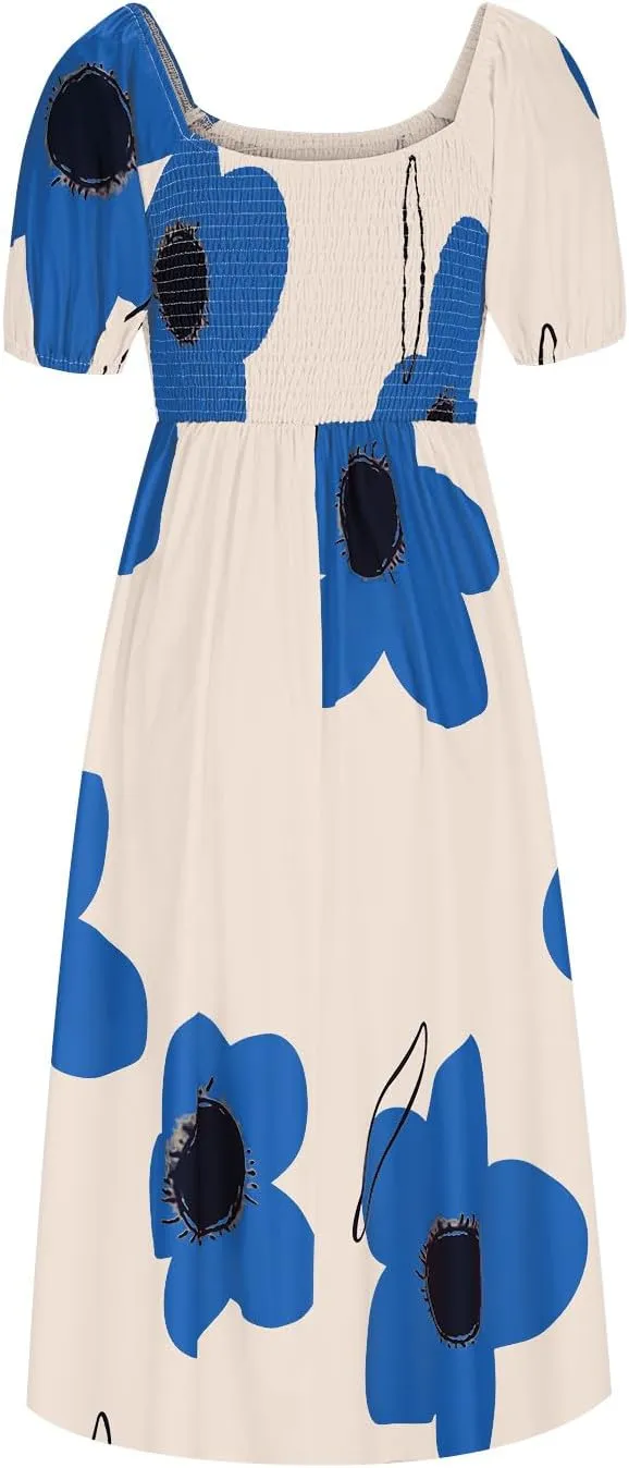 Women Off Shoulder A-Line Dresses Summer Cute Flower Print Puff Short Sleeve High Waist Dress Split Hem Midi Dress